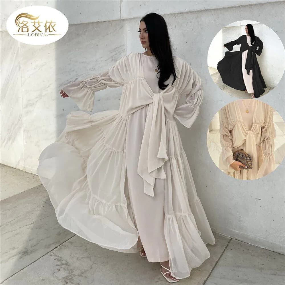 image-Loriya Belted Puff Sleeve Cardigan - Black Long Pleated