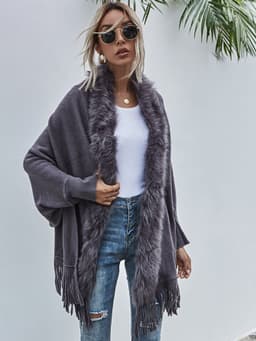 image-Dark Blue Cardigan Sweater Women Fur Collar