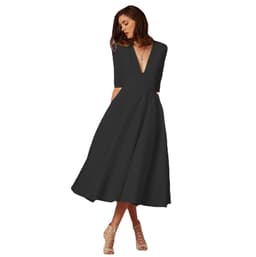 image-Women's Midi Dress - Rose Red V-Neck Swing Dress