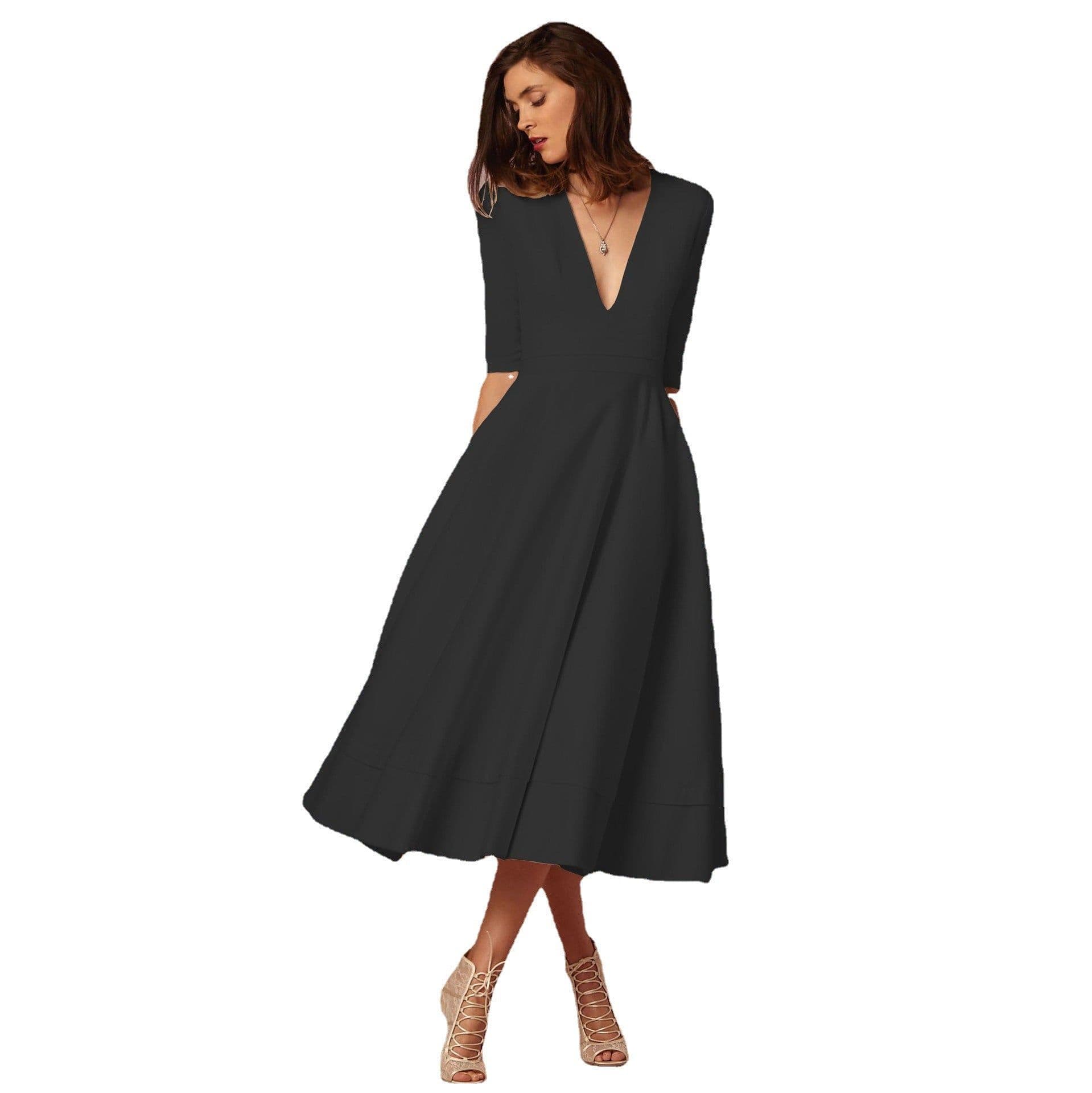 image-Women's Midi Dress - Rose Red V-Neck Swing Dress