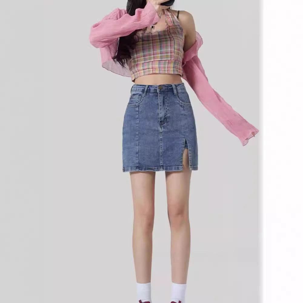 image-Denim Skirt Women High Waist A-Line Short Black