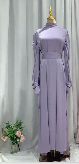 image-Women's Satin Abaya Dress - Long Sleeve Lace-Up