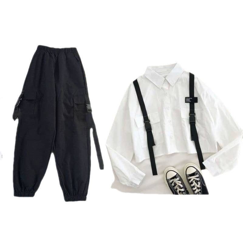 image-Korean Style Female Student Summer Suit - Black XL Urban Commuting Two-Piece Set