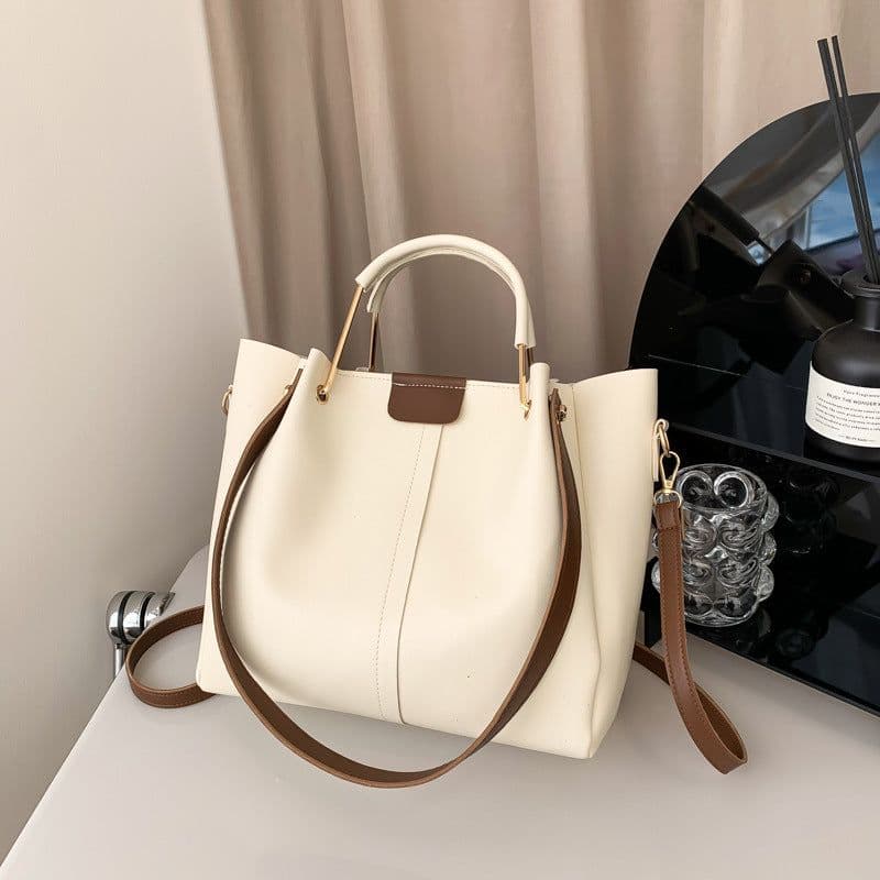 image-Khaki PU Bucket Bag - Large Capacity Tote
