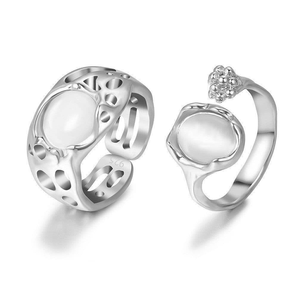 image-Moonstone Geometric Rings 2-Piece Set - Simple Fashion Jewelry for Women