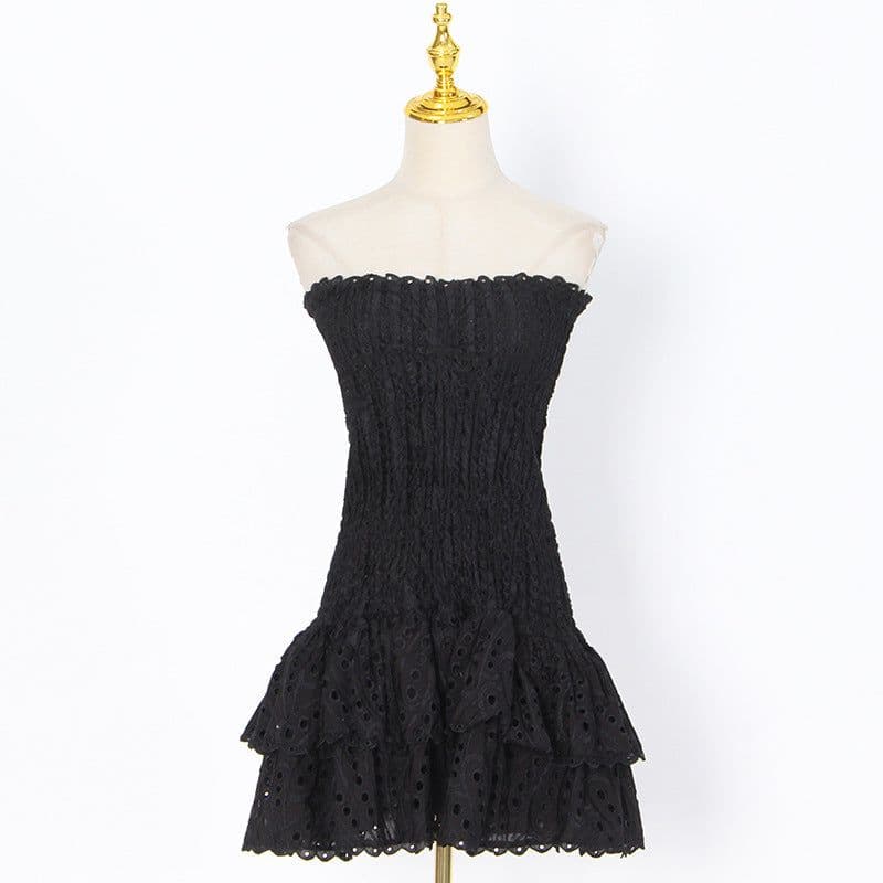 image-A-Line Skirt Dress - Black Strapless Embroidery