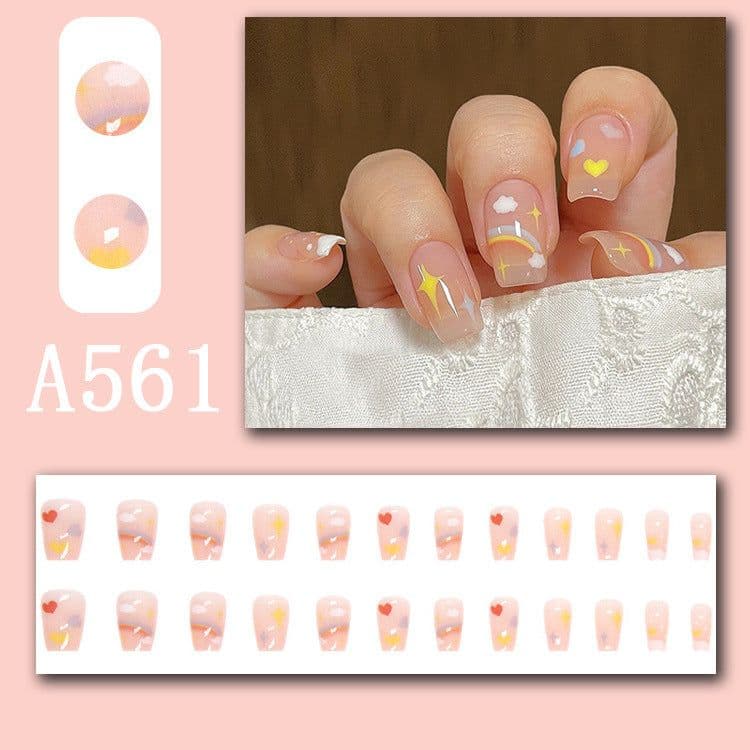 image-Winter fresh and simple pure lust style bride dance wear nails rainbow love rose fake nails wholesale