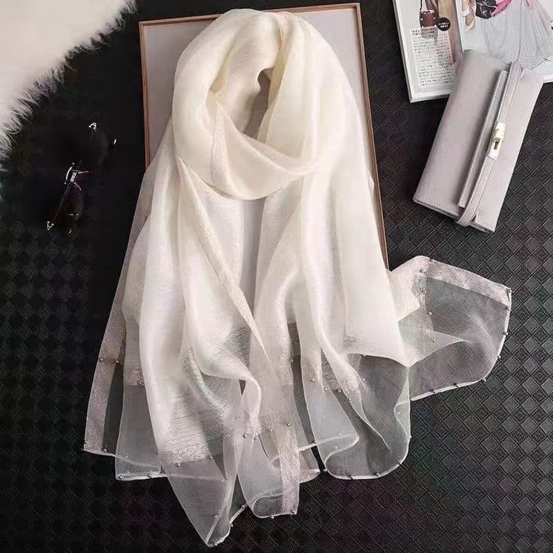 image-Silk Scarf Women 70x190cm Beaded Gold Edge Summer Beach