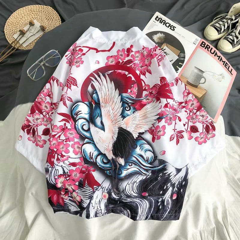 image-A generation of Japanese ukiyo-e Taoist robe sea wave carp kimono male and female couple three-quarter sleeve shirt wholesale