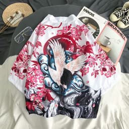 image-A generation of Japanese ukiyo-e Taoist robe sea wave carp kimono male and female couple three-quarter sleeve shirt wholesale
