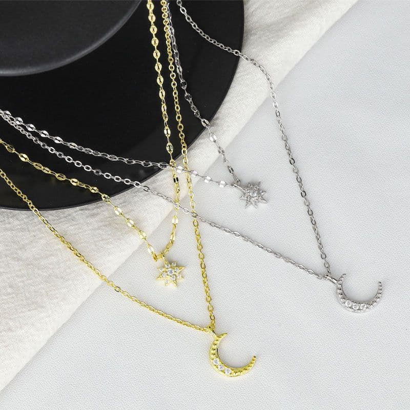 image-Qibao S925 Silver Star Moon Necklace for Women - 41-50cm
