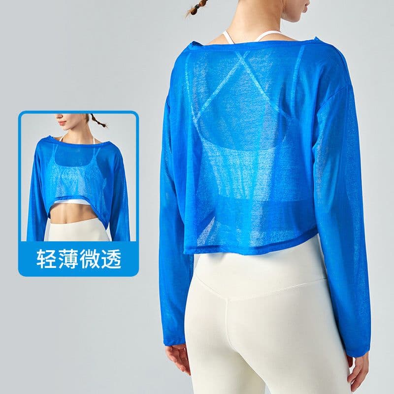 image-Yoga blouse women's loose fitness top light jacket light and breathable mesh yarn round neck spring and summer long-sleeved yoga clothing