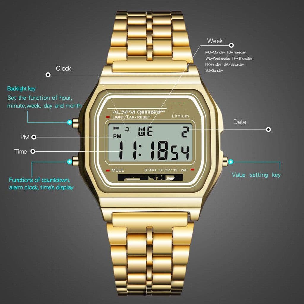 image-LED Digital Watch F91W - Steel Band 37mm Square Black