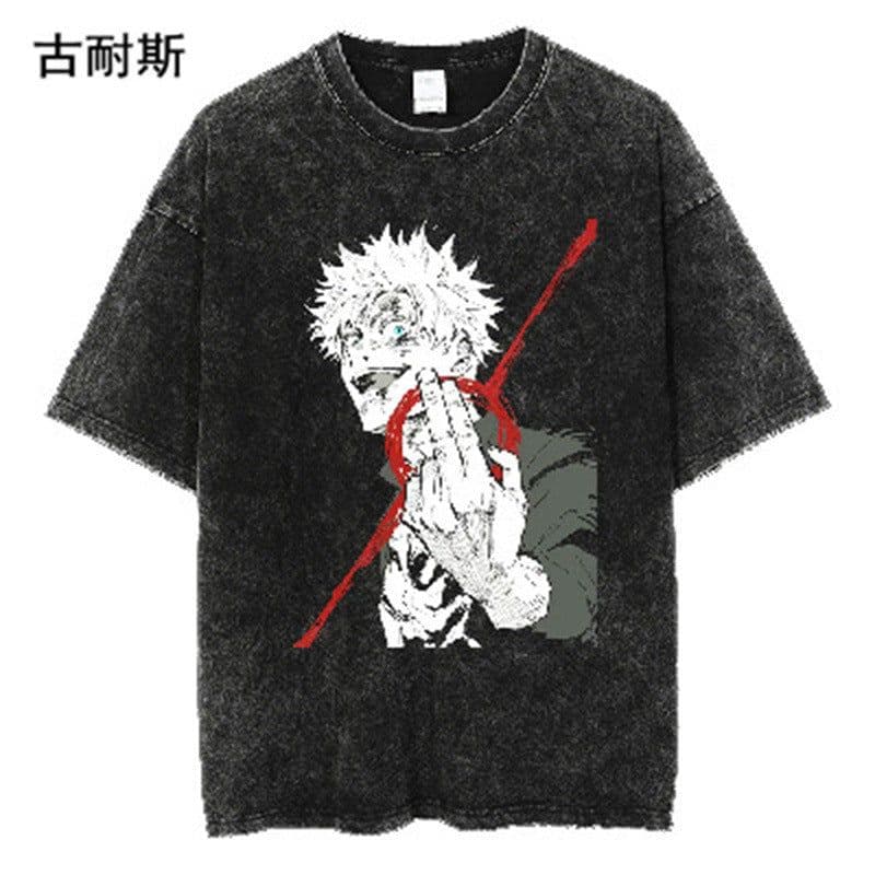 image-Street Hip Hop Washed T-Shirts - Summer Cotton Couple Tops - Black/Multicolor