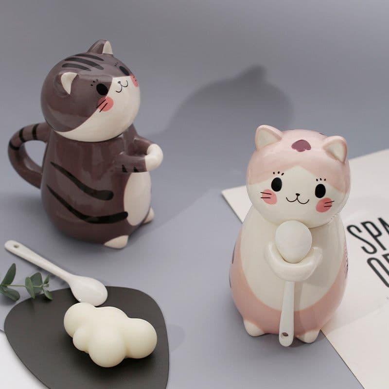 image-Couple cup Japanese cartoon cute cat ceramic cup breakfast milk coffee cup ins mug with lid