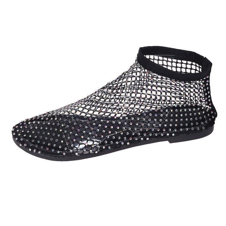 image-Large Size Women's Sandals 2023 Gold Hollow Low Heel Fishnet Flats