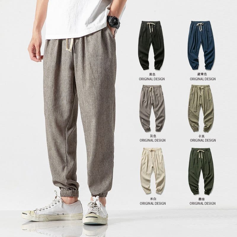image-Jin Geyi Men's 5XL Japanese Harem Pants - Light Yellow Flax