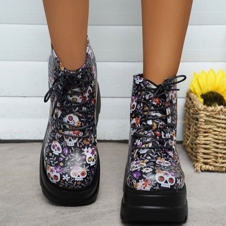 image-Women's Martin Boots - Black Skull PU Lace-Up Mid Heel