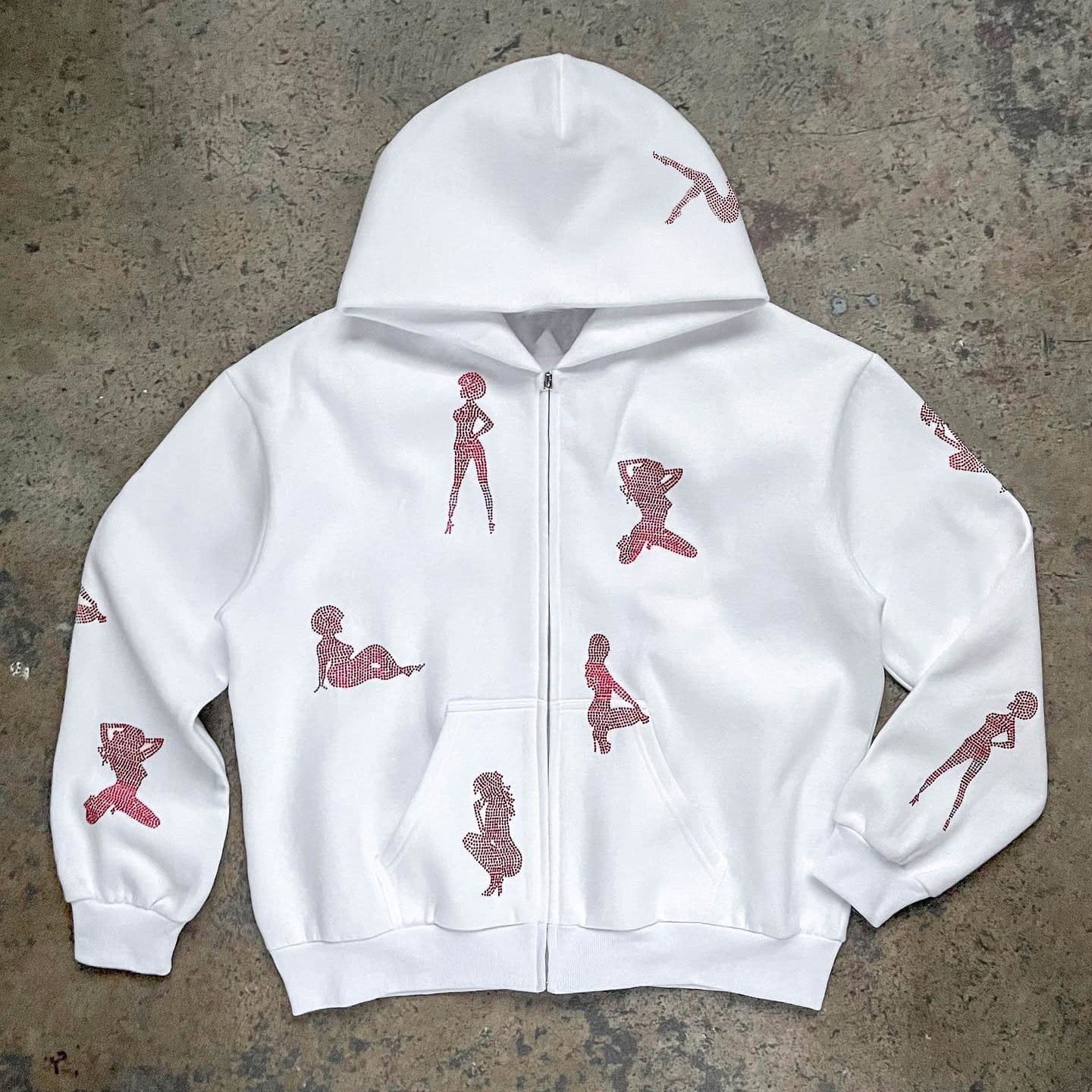 image-Rhinestone Print Hoodie Cardigan Zip Coat Unisex Loose Sweater Europe America