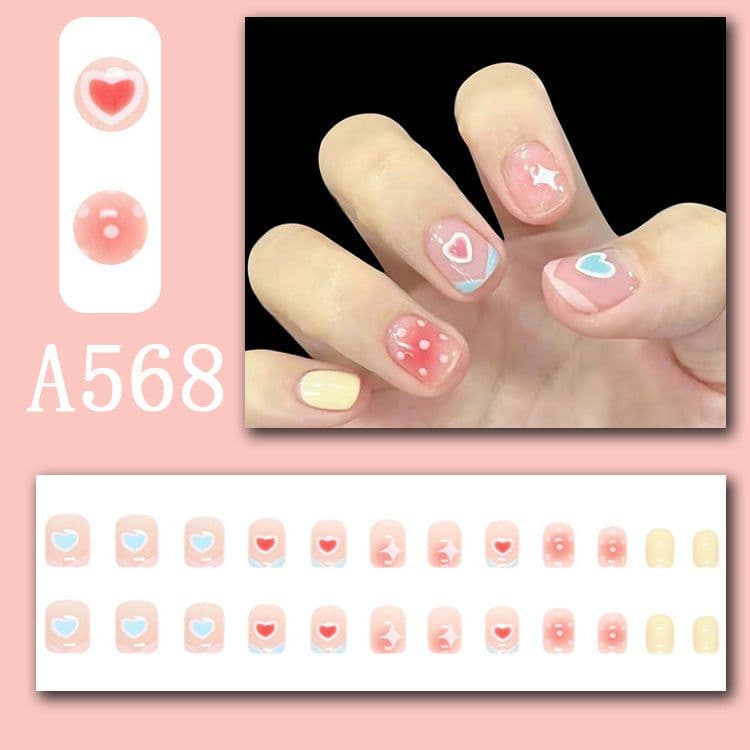 image-Winter fresh and simple pure lust style bride dance wear nails rainbow love rose fake nails wholesale