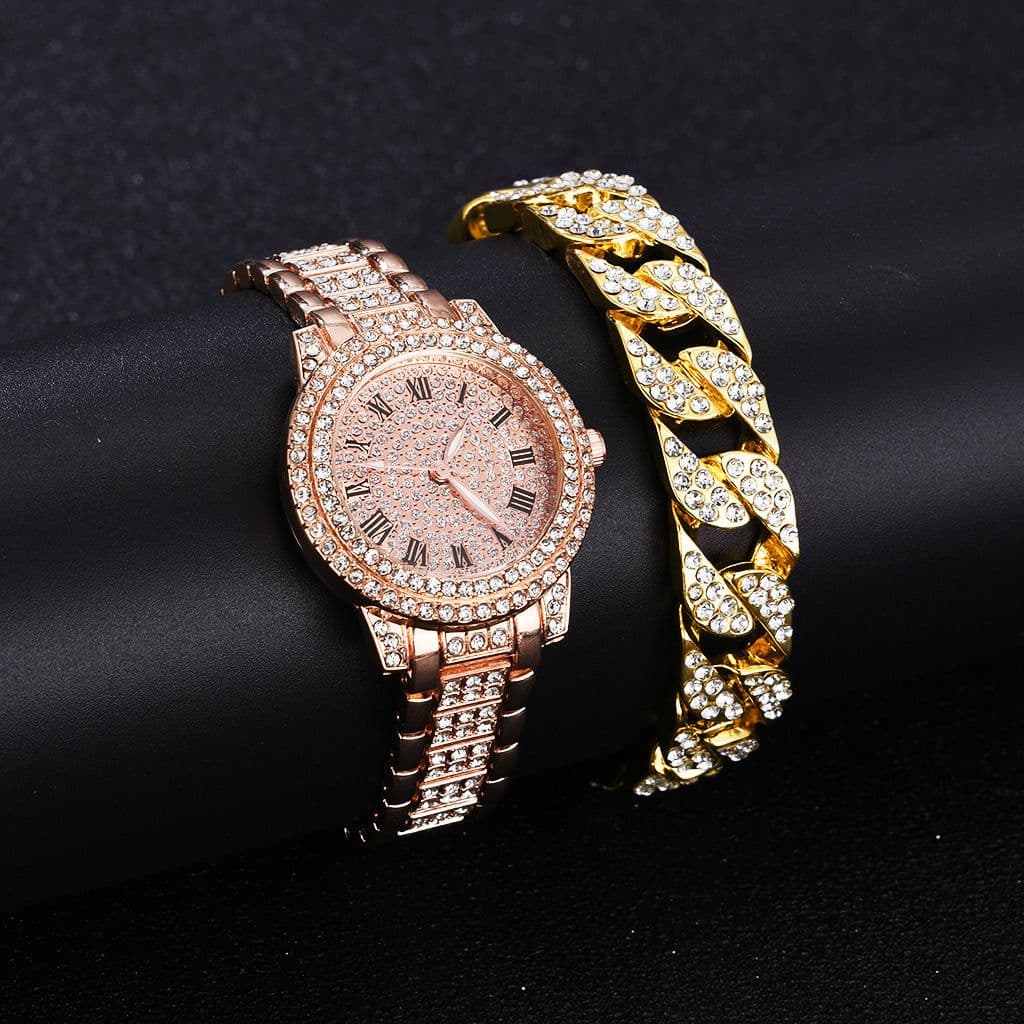 image-Roman Steel Belt Watch Full Diamonds Starry Quartz Hip-Hop Style (64 characters)