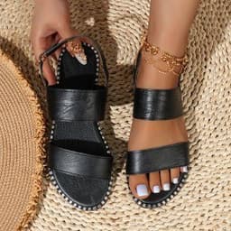 image-Strappy Sandals - Black Rhinestone Buckle Size 43