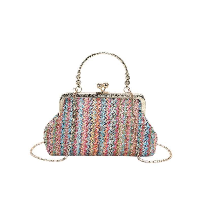 image-Blue Coochie Straw Handbag - Green Square Chain
