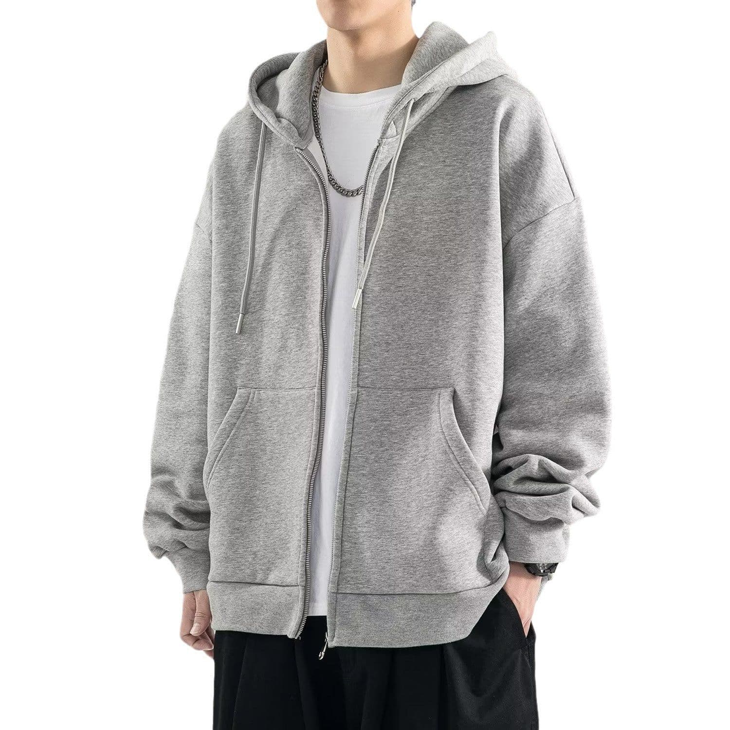 image-Men's Hooded Cardigan Sweatshirt - Dark Gray, 5XL, Loose Fit