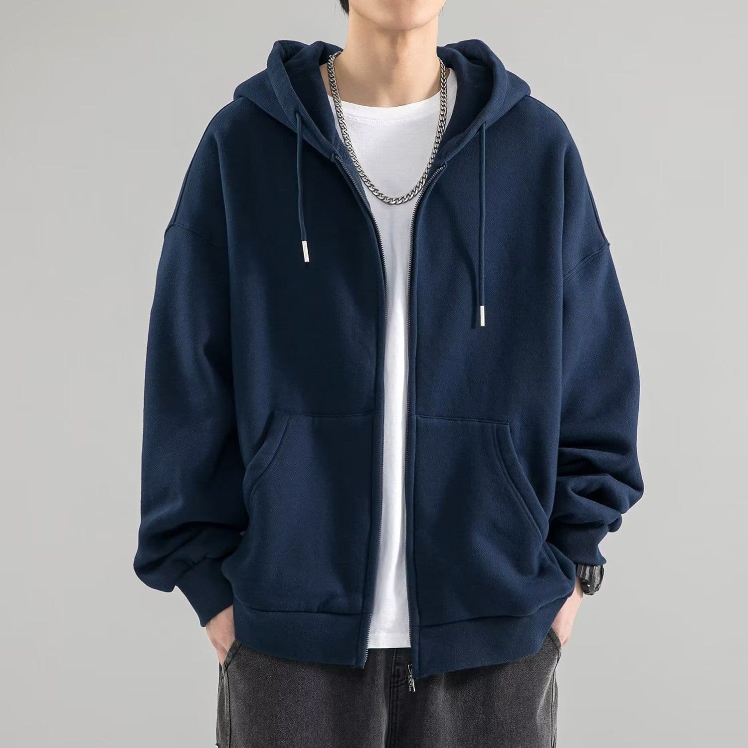 image-Men's Hooded Cardigan Sweatshirt - Dark Gray, 5XL, Loose Fit