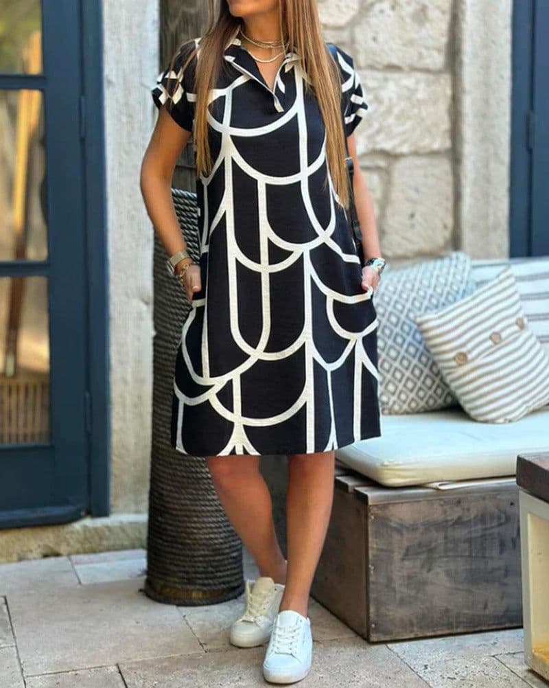 image-Women's Printed V-Neck Midi Dress - Polyester Short Sleeve