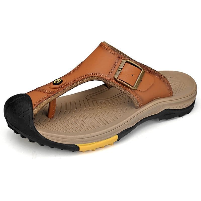 image-Men's Leather Sandals - Black Size 46 Non-Slip Beach