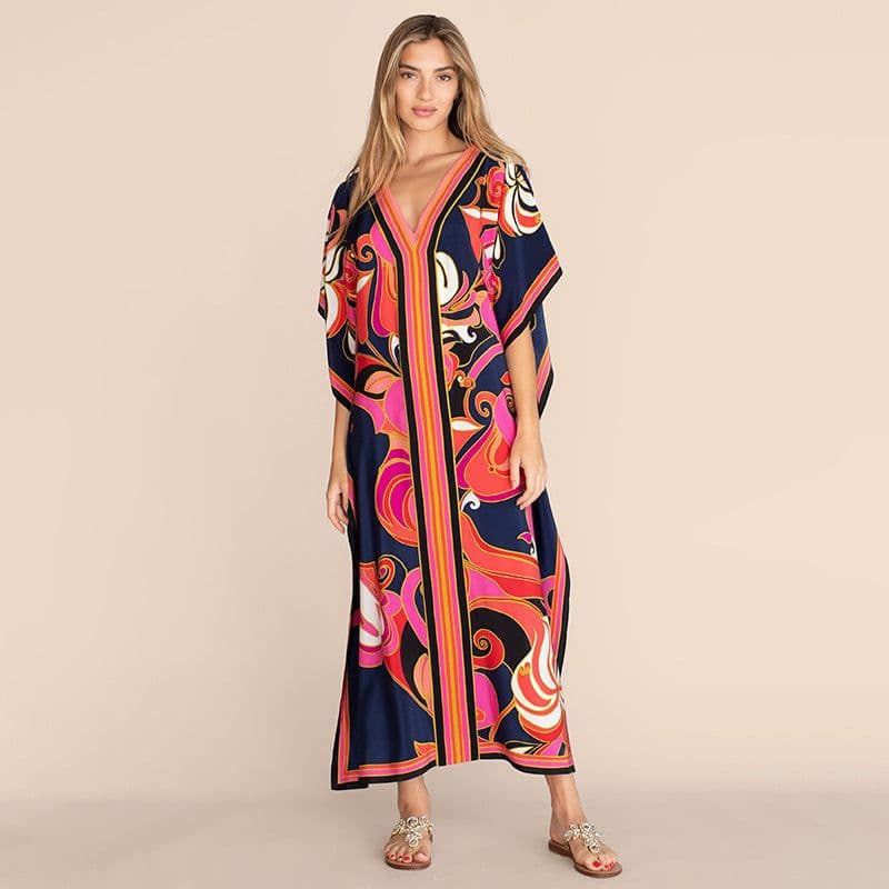 image-European and American new positioning printed blouse seaside holiday long skirt loose blouse bikini swimsuit robe outer wear female