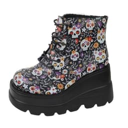 image-Women's Martin Boots - Black Skull PU Lace-Up Mid Heel