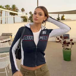 image-Women's Letter Print Jacket - Blue Slim Fit Lapel Zipper