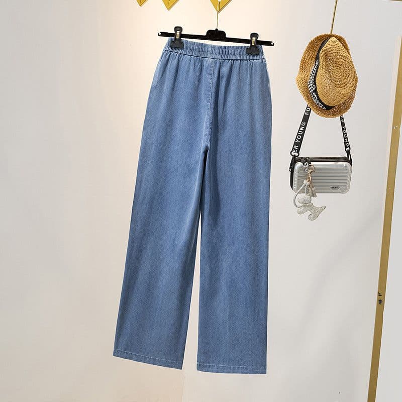 image-Large Size Blue Tencel Jeans - 2023 Korean Fashion High Waist Wide Leg
