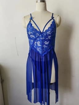 image-European and American erotic lingerie sexy mesh see-through pajamas lace embroidery suspender nightdress female slit revealing breast long skirt