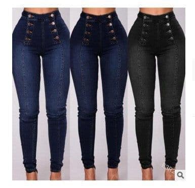 image-Trendy High-Waist Jeans - Double-Row Button Skinny Light Blue 5XL