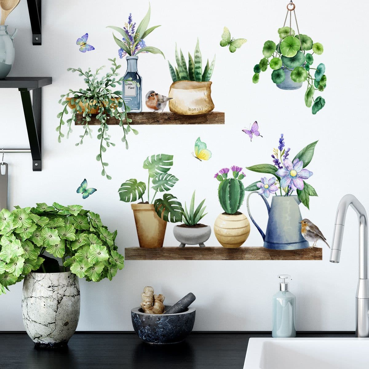 image-Decorative Chlorophytum Wall Sticker - Green Cartoon PVC Waterproof