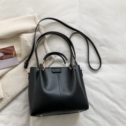 image-Khaki PU Bucket Bag - Large Capacity Tote