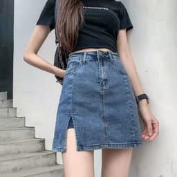 image-Denim Skirt Women High Waist A-Line Blue Short