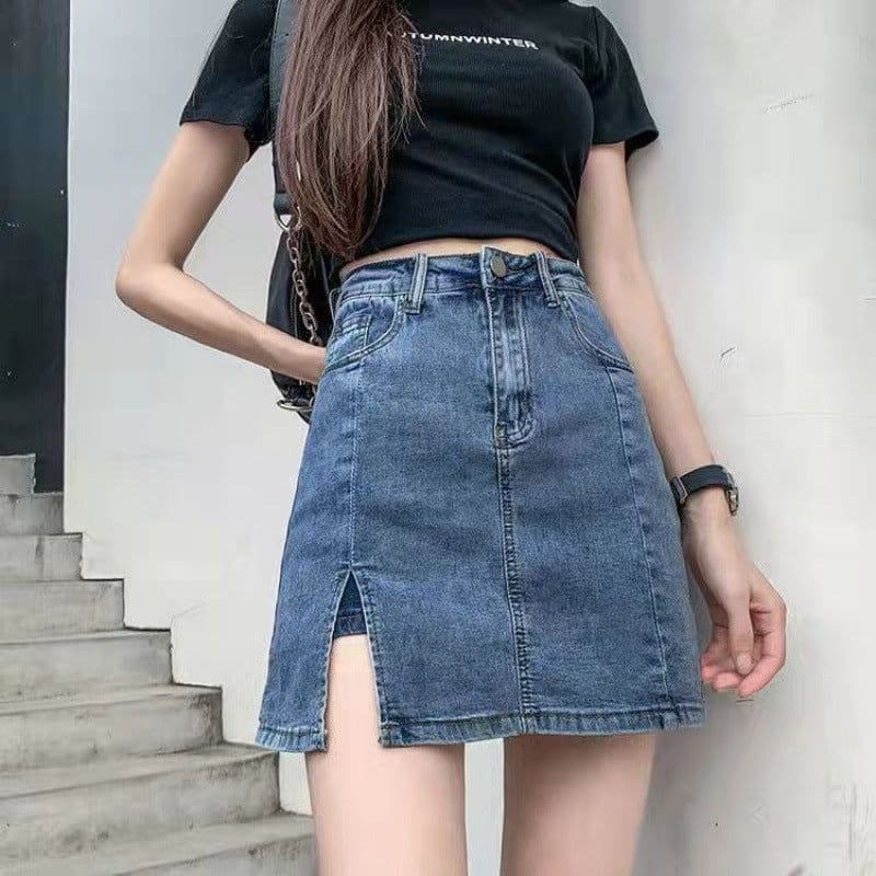 image-Denim Skirt Women High Waist A-Line Blue Short