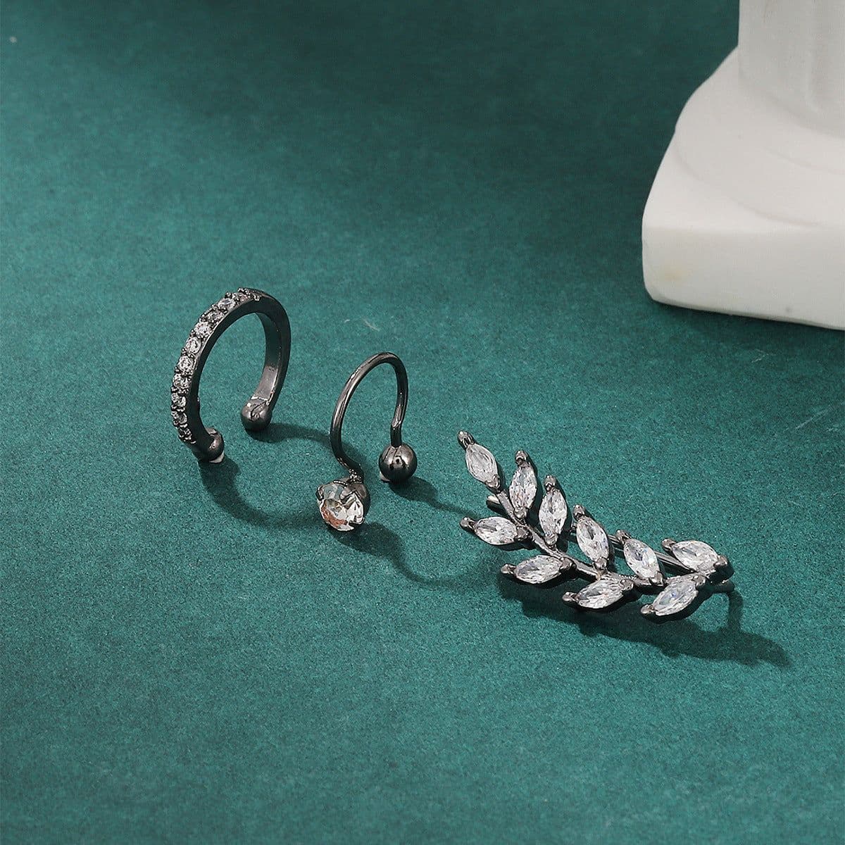 image-Simple Diamond Leaf Flower Zircon Ear Stud Set - No Pierced