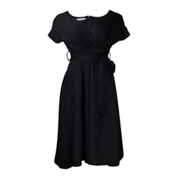 image-Women's V-Neck A-Line Dress - Black XXXL Short Sleeve