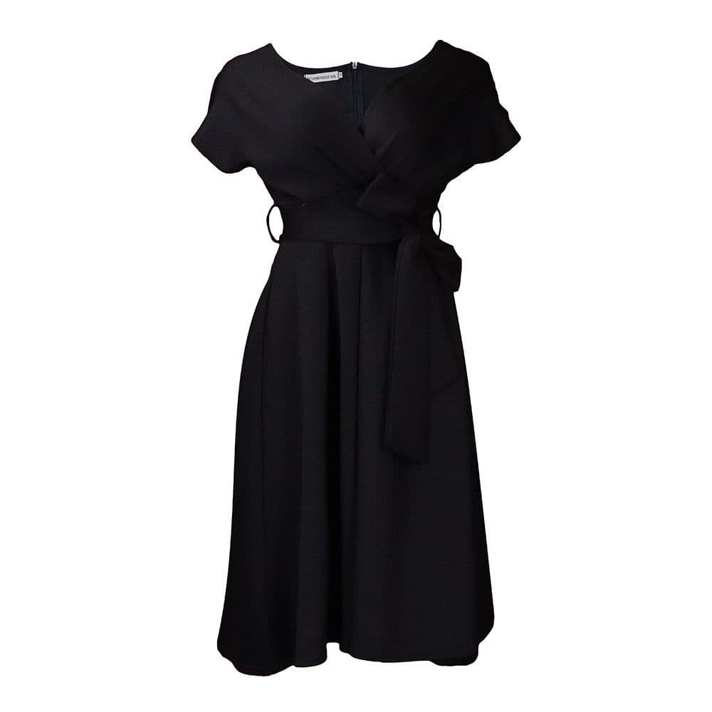 image-Women's V-Neck A-Line Dress - Black XXXL Short Sleeve
