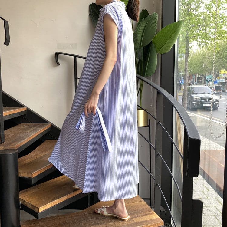 image-Women's Polo Collar Striped Shirt Dress - Long Sleeve A-Line