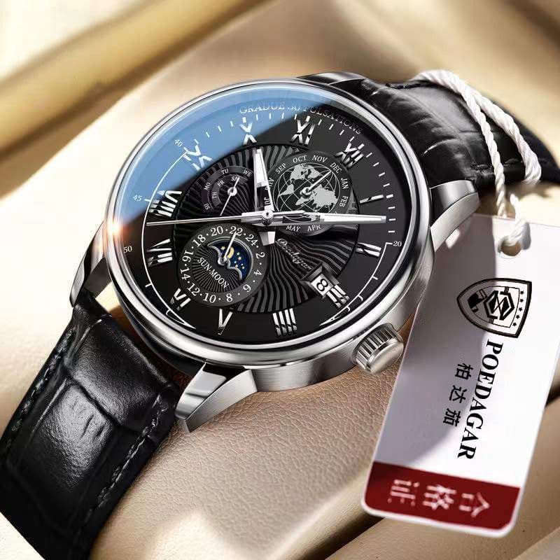 image-POEDAGAR 908 Quartz Men's Leather Waterproof Watch, 40mm