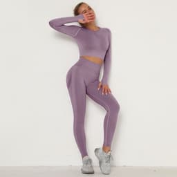 image-Women's High Waist Yoga Pants Two-Piece Set - Peach, XL