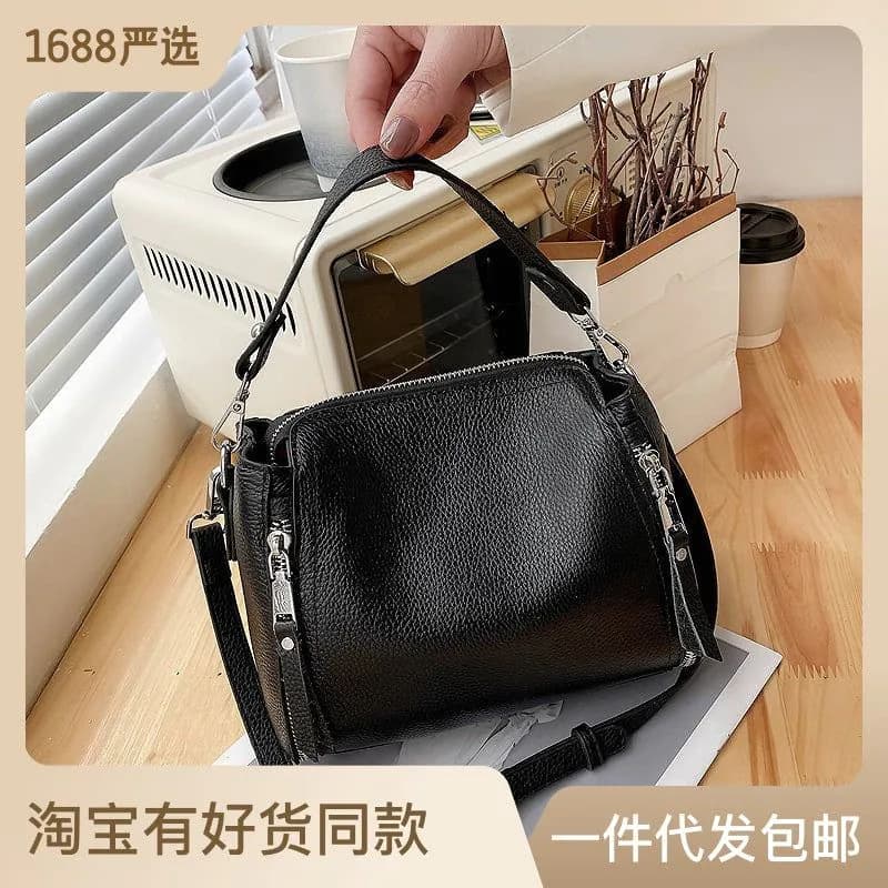 image-Women's Genuine Leather Bucket Bag - Black Soft Cowhide