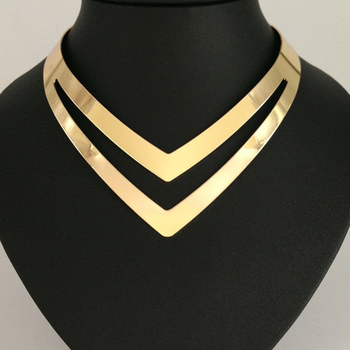image-Metal Collar Necklace - Gold/White Zinc Alloy