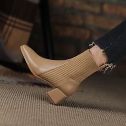 image-Women's Knitted Sock Boots - Square Toe Chunky Heel Ankle